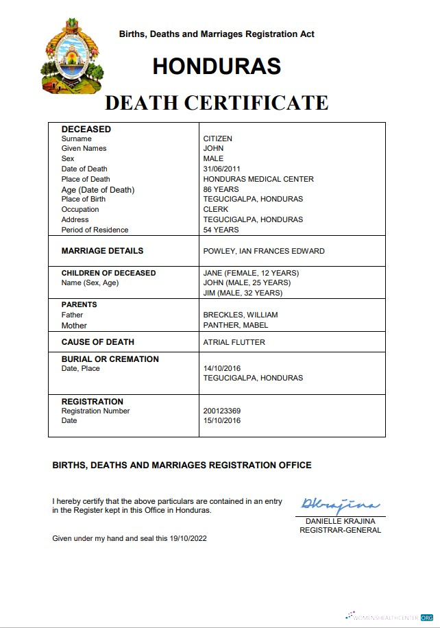 Download Honduras vital record death certificate Word and PDF template Photoshop template